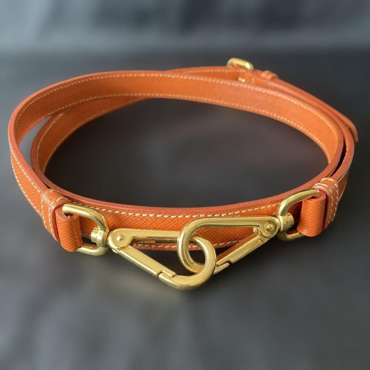 PRADA Gold Hardware Orange Leather Shoulder Bag Double Strap Belt Near Mint