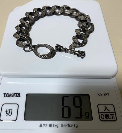 KING BABY Studio Silver 925 Engraved Curb Chain Toggle Bracelet Men Auth Used