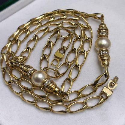 Vintage Christian Dior Gold Plated Faux Pearls Rhinestone Long Chain Necklace