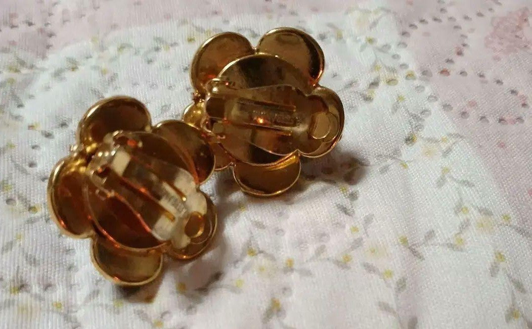 Philippe Ferrandis Black Enamel Camellia Flower Clip On Earrings Elegant Used