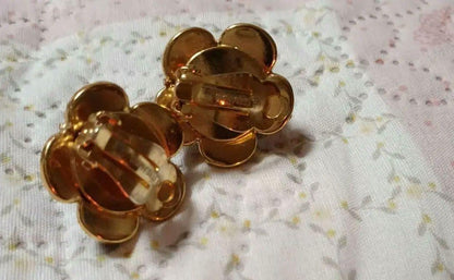 Philippe Ferrandis Black Enamel Camellia Flower Clip On Earrings Elegant Used