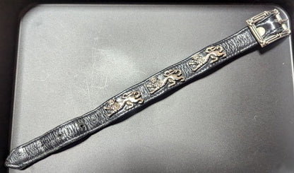 A&G Lion Heart Black Leather Bracelet Silver Tone Lion Motif 10.6in Unisex Used
