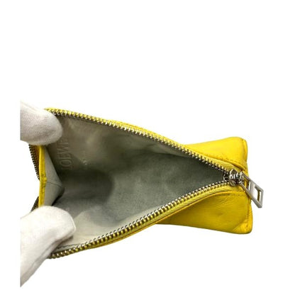 LOEWE Triangle Coin Purse Case Yellow Leather Silver Zip Pouch Women's Authentic