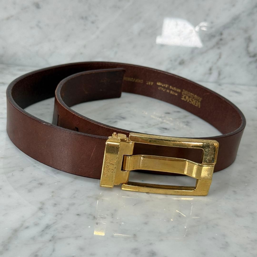 Versace VJC Brown Leather Belt Gold Buckle L 86.5cm 34in 30/75 Women