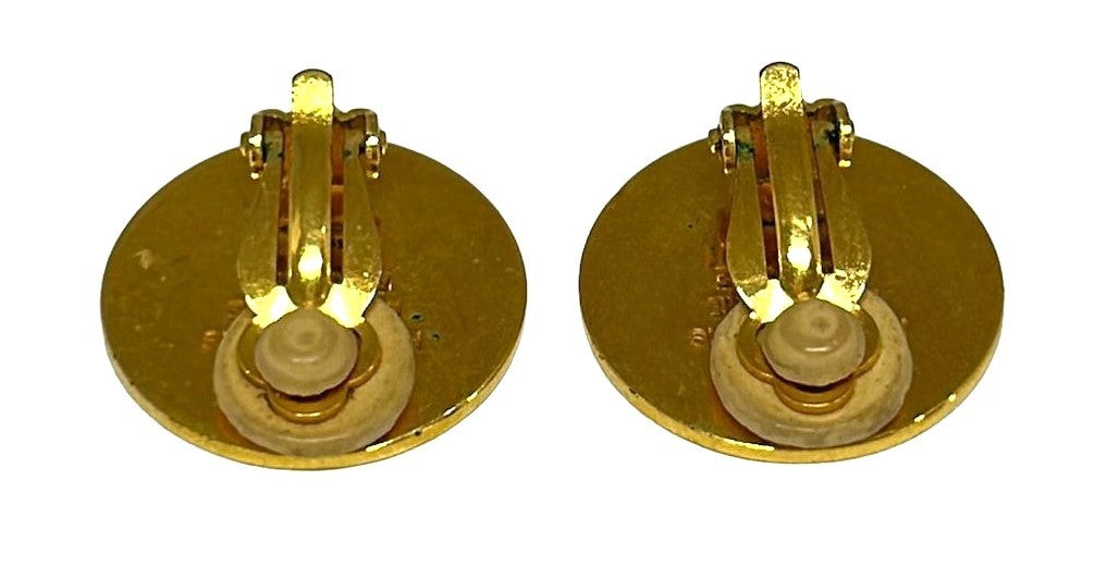 HERMES Serie Clip-On Earrings Gold Tone Metal Round Logo Vintage France Paris