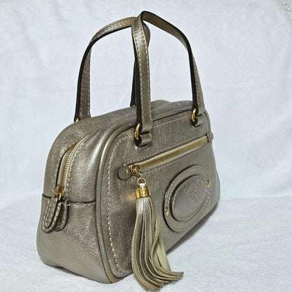 Auth LOEWE Madrid Anagram Tassel Leather Mini Boston Bag Champagne Gold Vintage