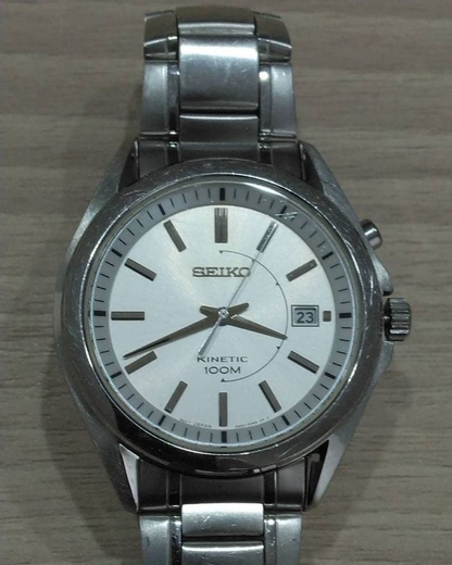 SEIKO Kinetic 5M62 0CW0 Auto Quarts Analog Date Watch Men Silver 10BAR