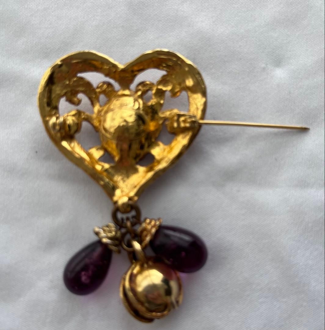 Christian Lacroix Vintage Gold Heart Brooch Purple Stone Bell Charm Used AUTH