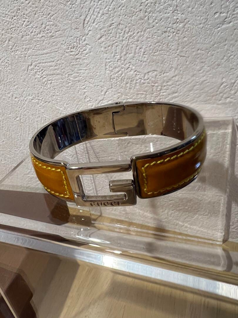 Gucci Leather Steal G Mark Bangle Yellow 18cm 7" Used Japan Authentic