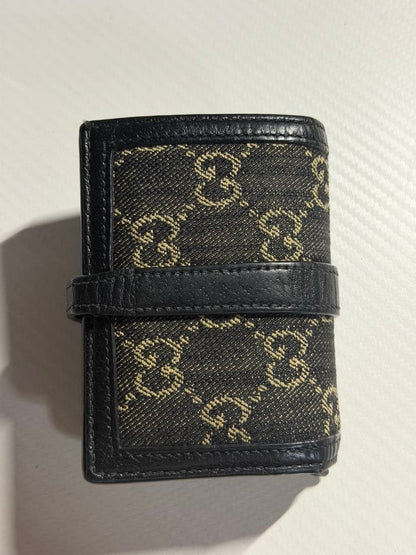 Gucci Auth 645536 GG Denim Horsebit Bifold Wallet Blue Black Leather Gold Used