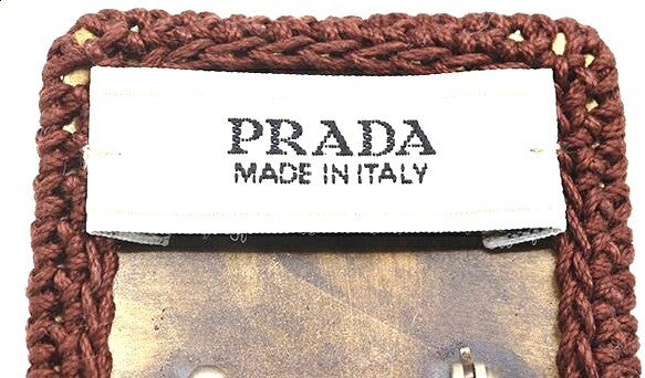 PRADA Crochet Brooch Pin P7138 Brown Navy Green Cotton Metal 1.8in Italy Auth