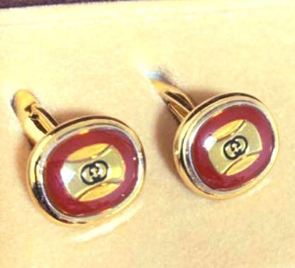 GUCCI Old Gucci Cufflinks Tie Clip Set Red Enamel Gold Tone Vintage Italy Used