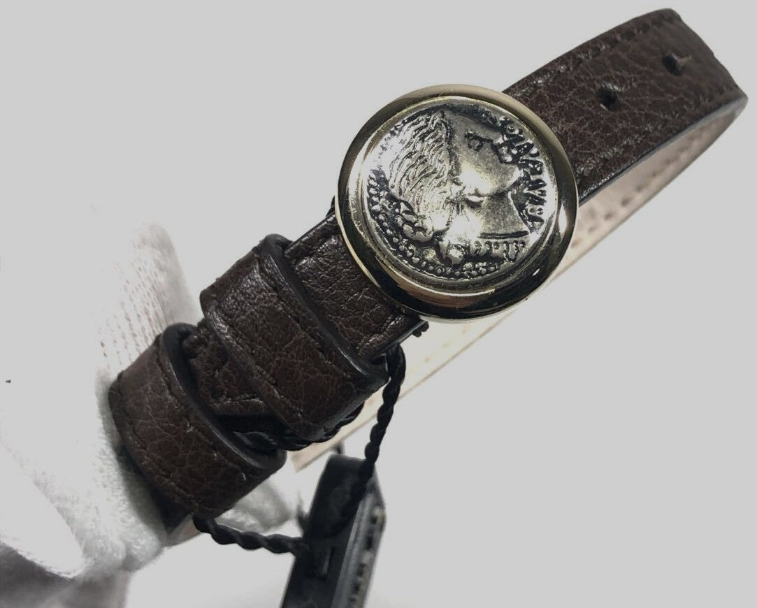 BVLGARI Monete Coin Leather Bracelet Brown Gold HW Ancient Coin Authentic Italy