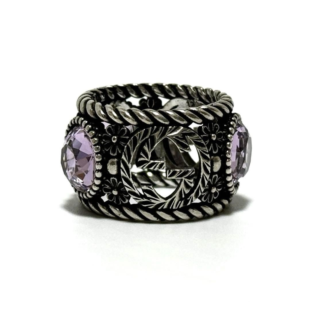 GUCCI Silver 925 Interlocking G Flower Light Purple Crystal Stone Ring US 6.25