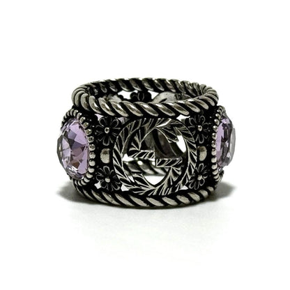 GUCCI Silver 925 Interlocking G Flower Light Purple Crystal Stone Ring US 6.25