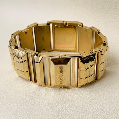 Roberto Cavalli Snake Analog Square Watch Gold Plated Crocodile Embossed Band