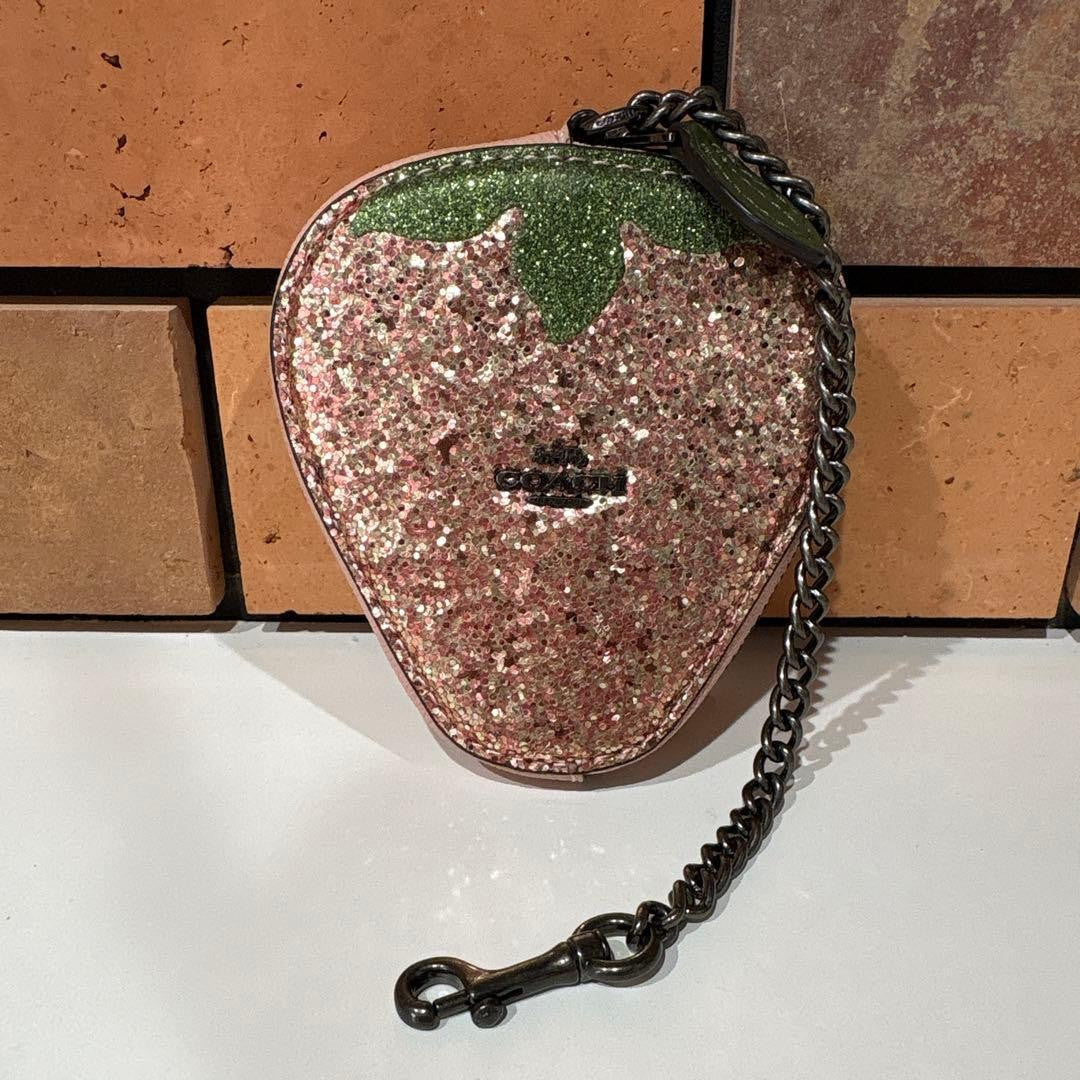 COACH Strawberry Coin Purse Case Pink Glitter Leather Bag Charm Chain Keyring