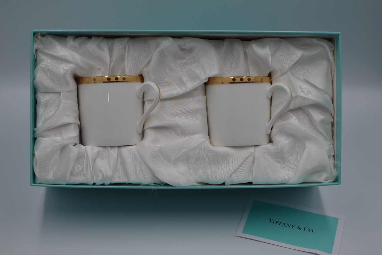 Tiffany & Co Gold Band Demitasse Cups Saucers Pair Made in Japan White Gold Set