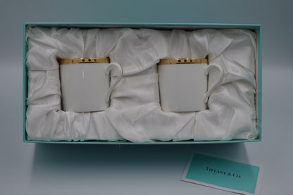 Tiffany & Co Gold Band Demitasse Cups Saucers Pair Made in Japan White Gold Set