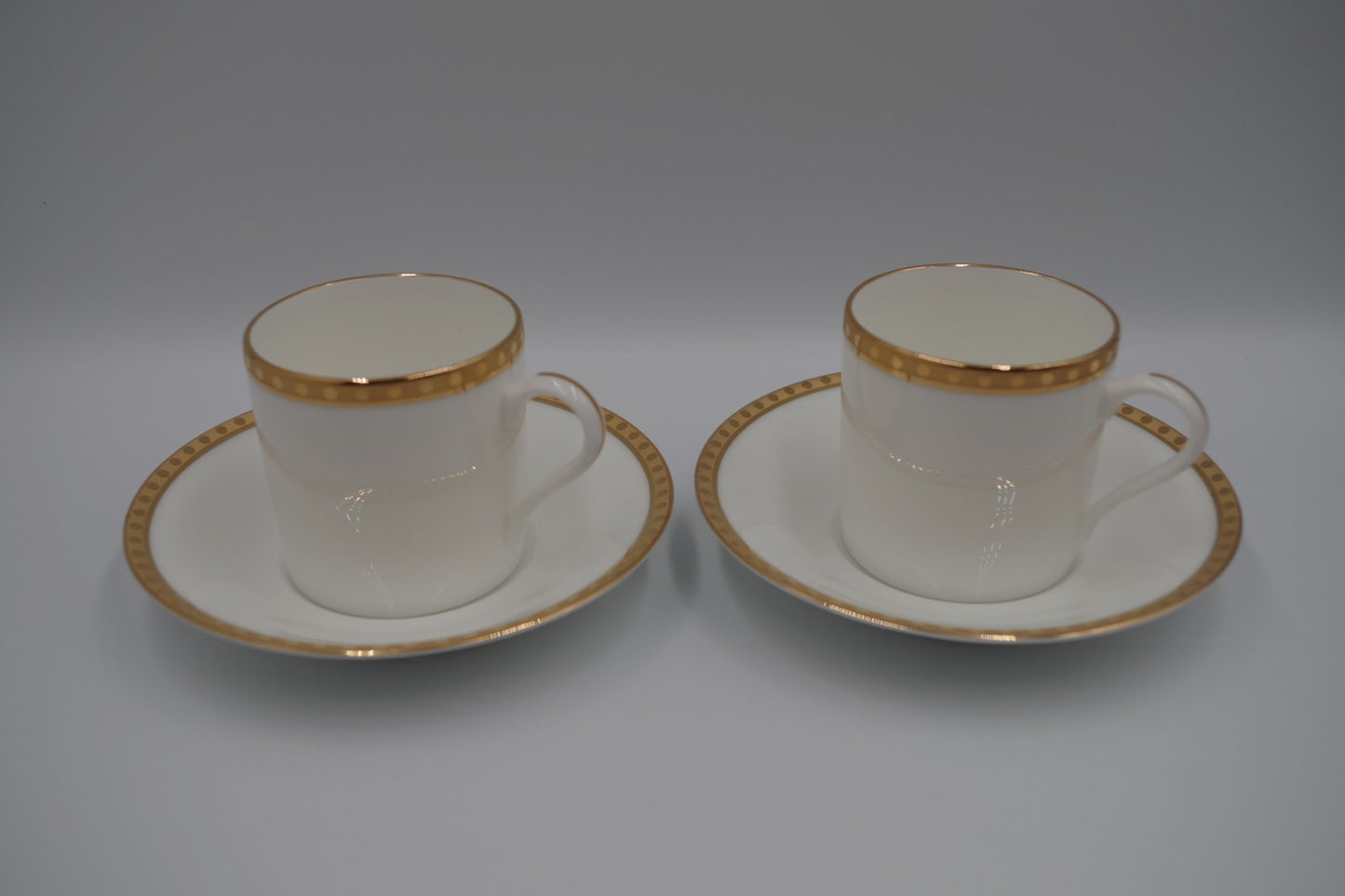 Tiffany & Co Gold Band Demitasse Cups Saucers Pair Made in Japan White Gold Set