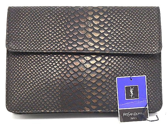 YSL Yves Saint Laurent Clutch Bag Black Exotic Leather Vintage Auth 5.7x8.1"