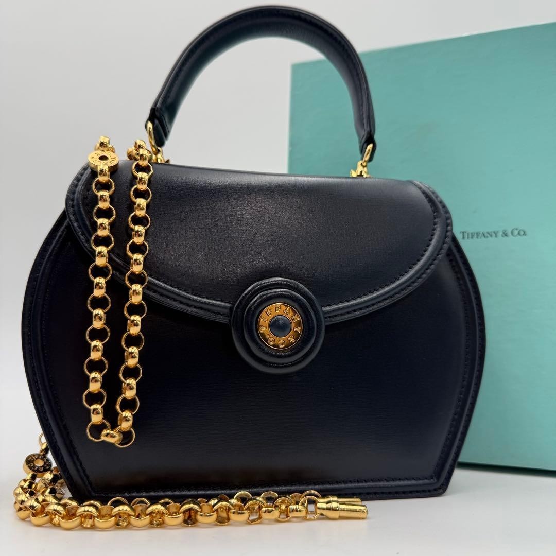 Authentic Tiffany & Co Circle Logo 2 Way Chain Shoulder Hand Bag Leather W/Box