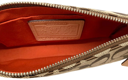 COACH Signature Jacquard Wristlet Pouch 6094 Khaki Beige Leather Trim Auth Used