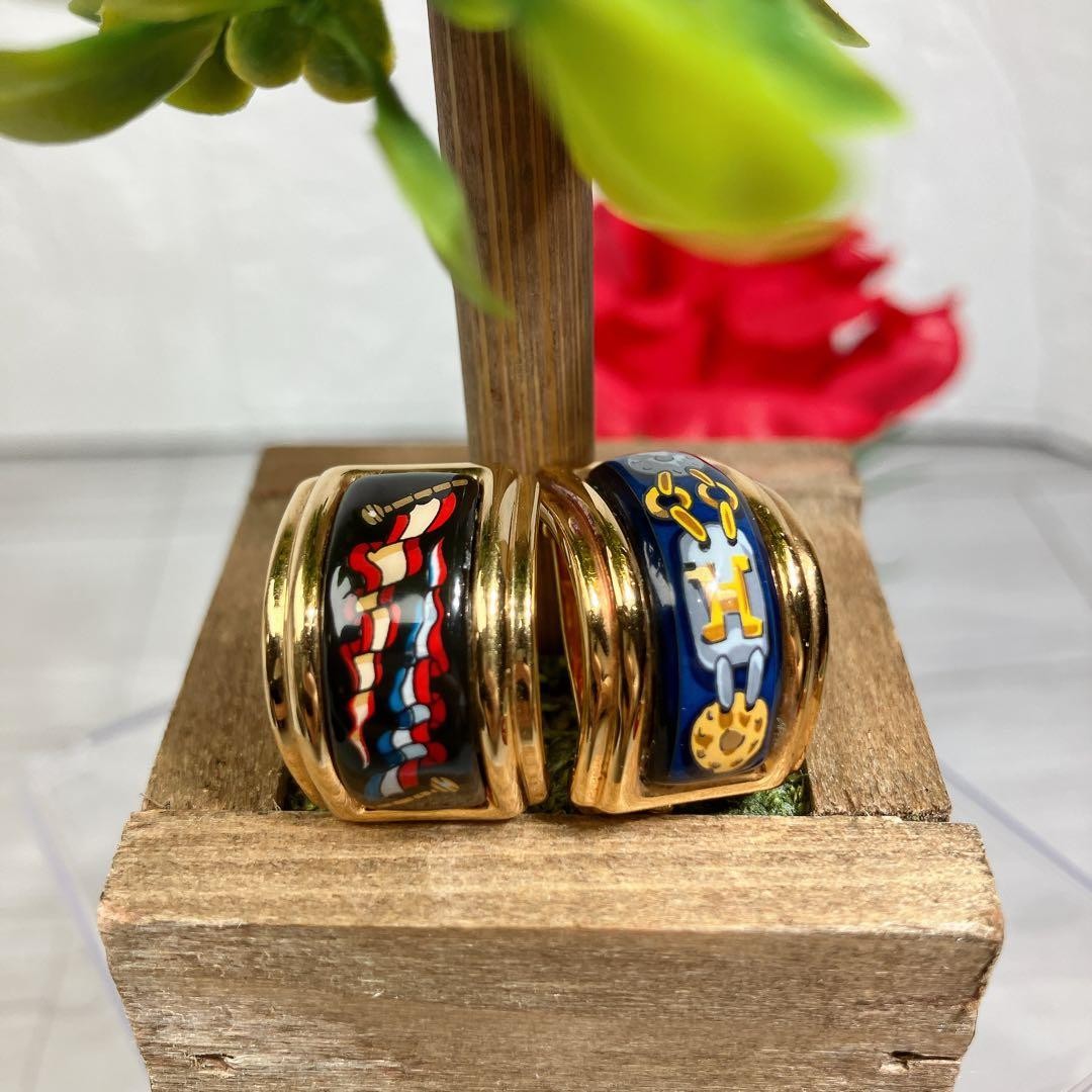 Hermes Auth Enamel Cloisonne Earrings Gold Clip On H Flag Chain Multicolor 2 cm