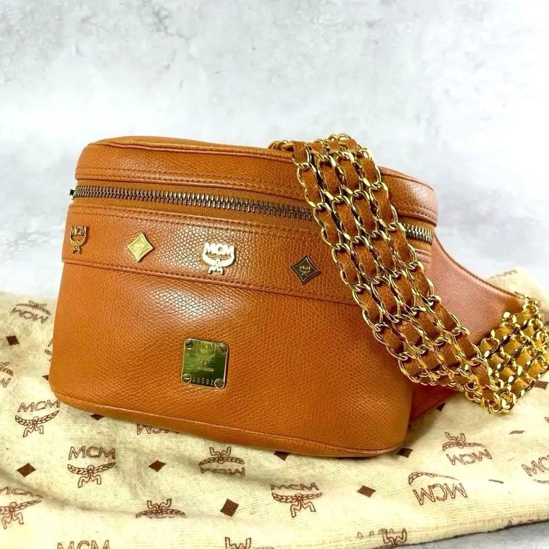 Rare MCM Brown Leather Body Bag Waist Bag Crossbody Gold Hardware Authentic