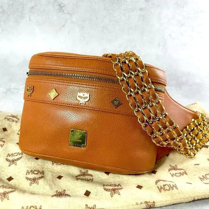 Rare MCM Brown Leather Body Bag Waist Bag Crossbody Gold Hardware Authentic
