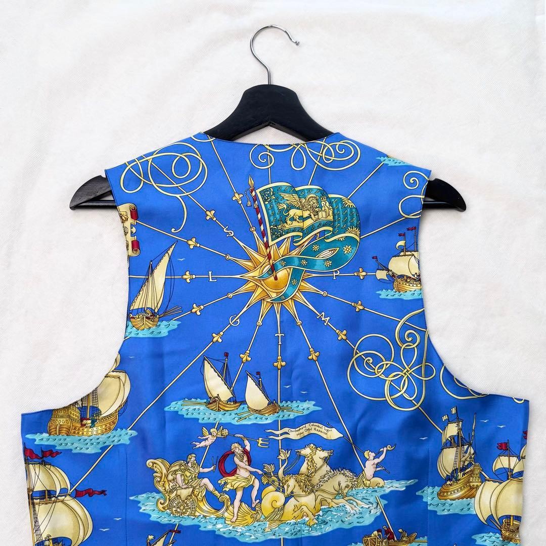 Hermes Auth Vtg Voiles et Galons Silk Scarf Print Vest Blue Size 50 Used