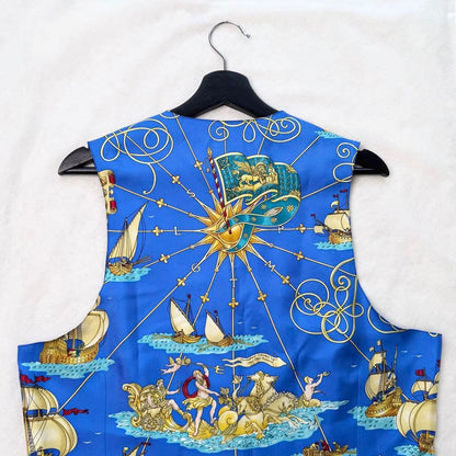 Hermes Auth Vtg Voiles et Galons Silk Scarf Print Vest Blue Size 50 Used