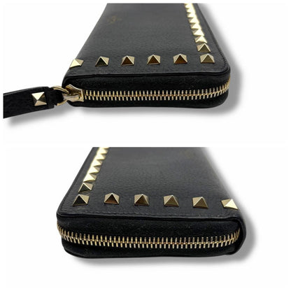 Valentino Garavani Auth Rockstud Long Zip Around Wallet Black 19x10 cm 7.5x3.9"
