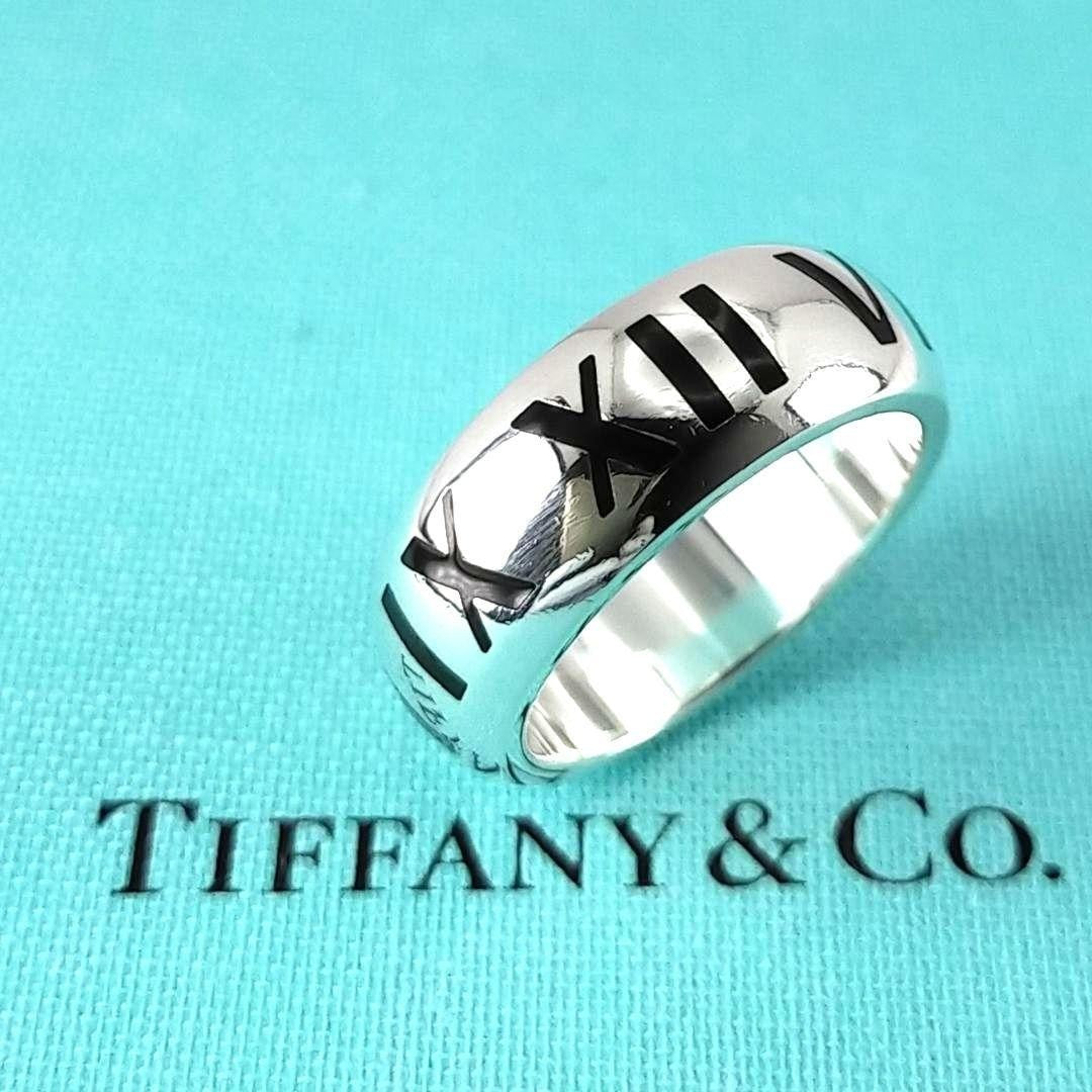 Tiffany & Co Silver 925 Wide Atlas Black Enamel Roman Numerals Ring Size US 7