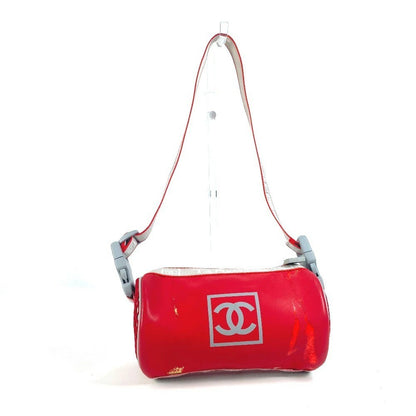 Chanel Auth Sport Line Mini Drum Bicolor Logo Shoulder Handbag Red Gray Coco