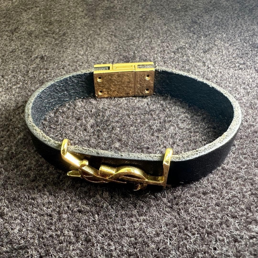 SAINT LAURENT Cassandra Gold Tone Black Leather Bracelet L 16cm 6.3in