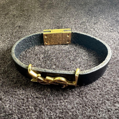 SAINT LAURENT Cassandra Gold Tone Black Leather Bracelet L 16cm 6.3in