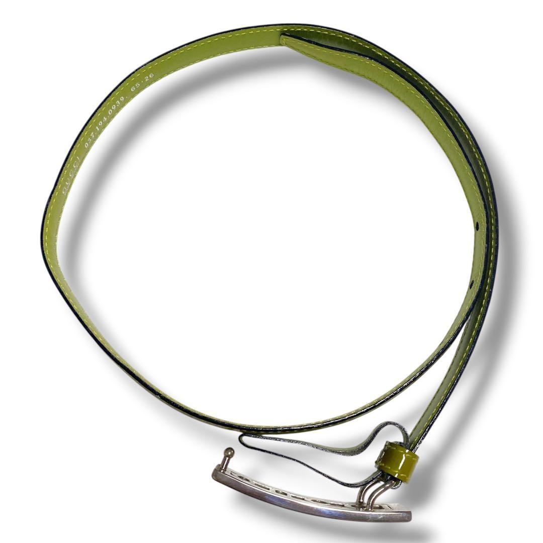 Gucci Silver Tone Logo Buckle Green-toned olive Patent Leather Narrow Belt