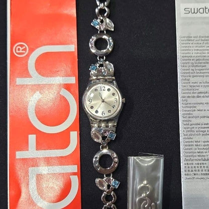 Swatch Menthol Tone LK292G Ladies Watch Crystal Bracelet Silver Swiss Quartz