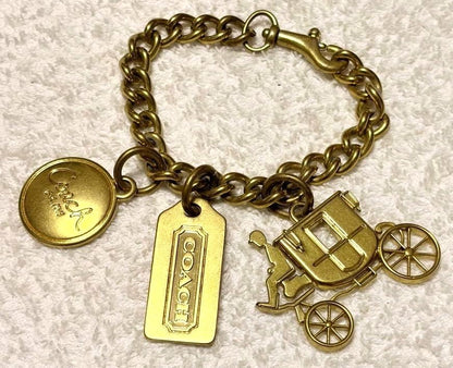 COACH Horse & Carriage Bag Charm Keychain Gold Tone Brass Chain Bracelet Style