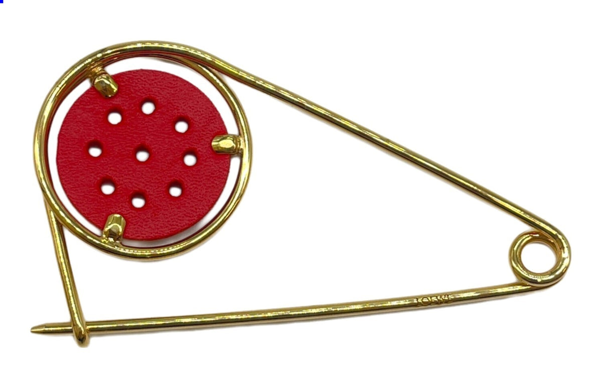 LOEWE Mecano Pin Brooch Red Leather Gold Hardware Round Safety Pin Spain Logo