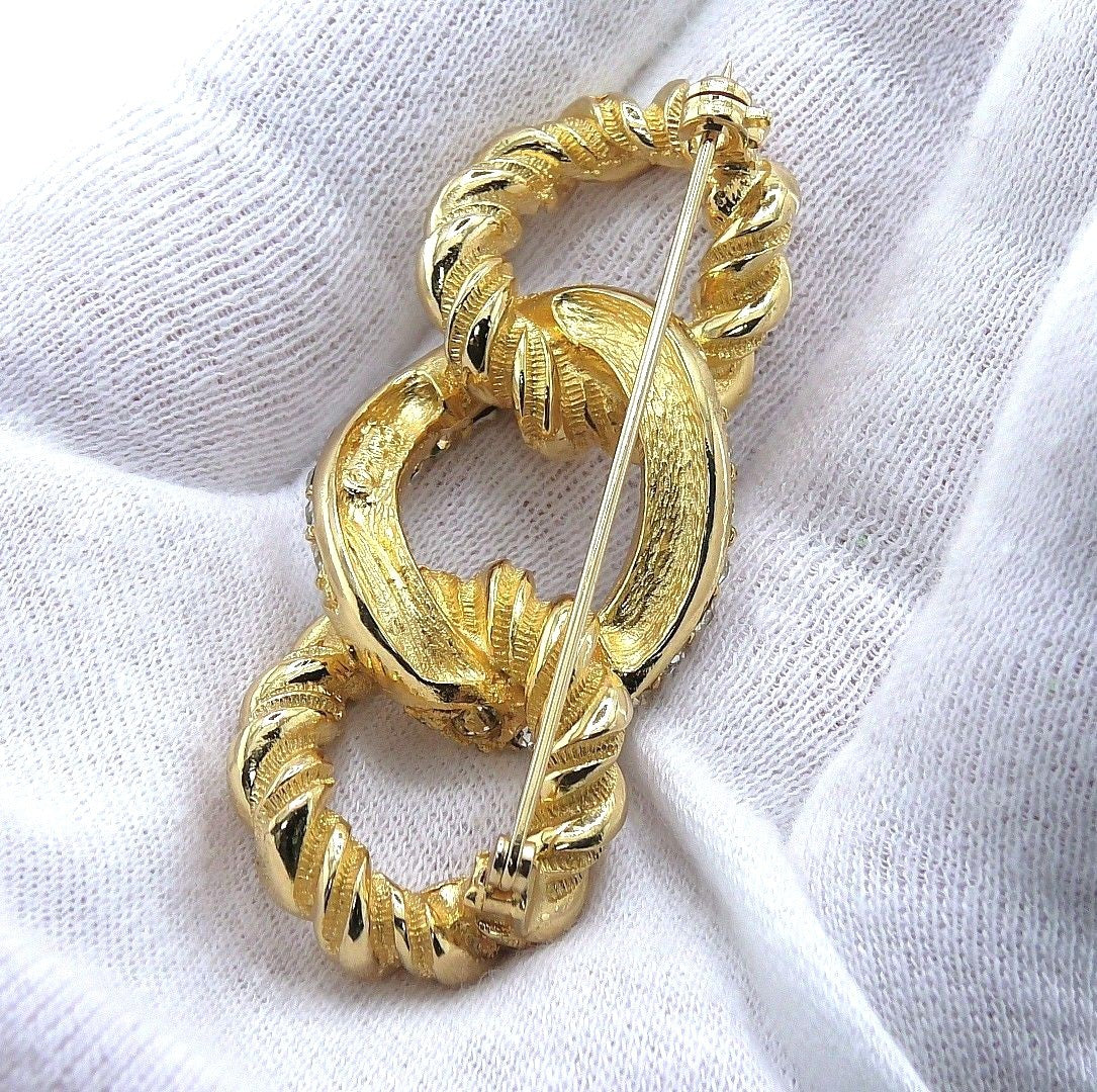 Christian Dior Twist Rope Rhinestone Brooch Pin Gold Tone Vintage Signed 3.4cm