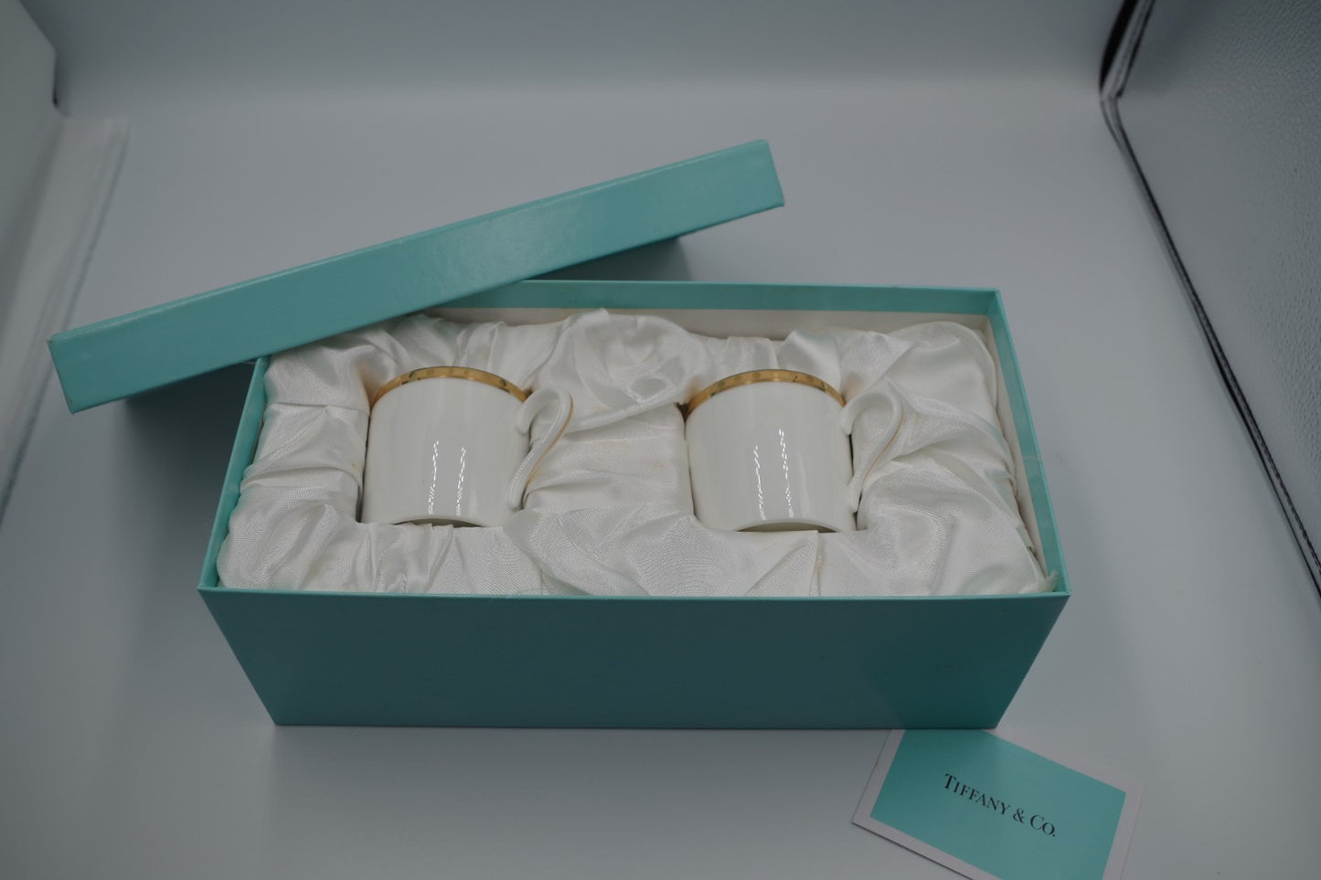 Tiffany & Co Gold Band Demitasse Cups Saucers Pair Made in Japan White Gold Set