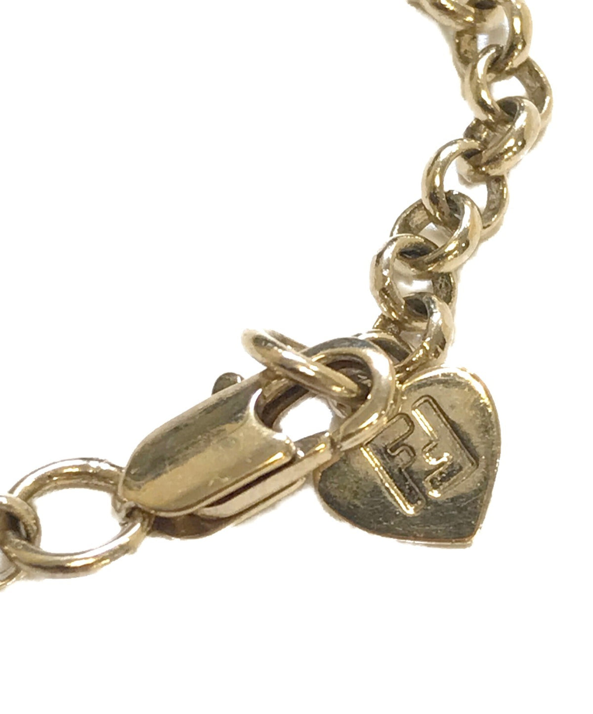 FENDI Zucca FF Logo Charm Bracelet Gold Tone Chain Rhinestone H Initial Italy