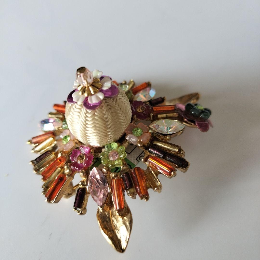 Christian Lacroix Vtg Style Floral Brooch Multicolor Beads Crystal Metal Used