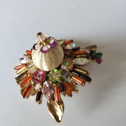 Christian Lacroix Vtg Style Floral Brooch Multicolor Beads Crystal Metal Used