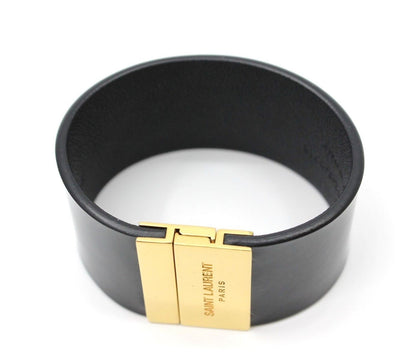 Saint Laurent Enamel Gold Tone Magnetic Closure Leather Bracelet Black Used
