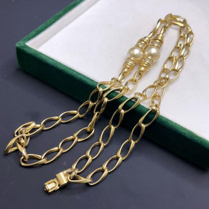 Vintage Christian Dior Gold Plated Faux Pearls Rhinestone Long Chain Necklace