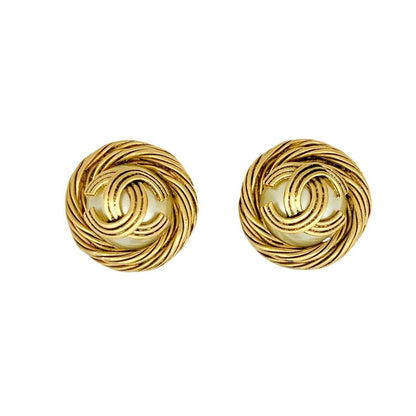 Chanel Authentic Vtg CC Logo Coco Mark Pearl Gold Chain Clip-On Earrings Used