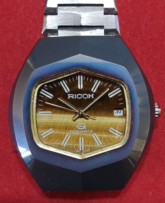 RICOH REQUARTZ 591005 Tiger Eye Dial Analog Date Watch Men Battery Replaced